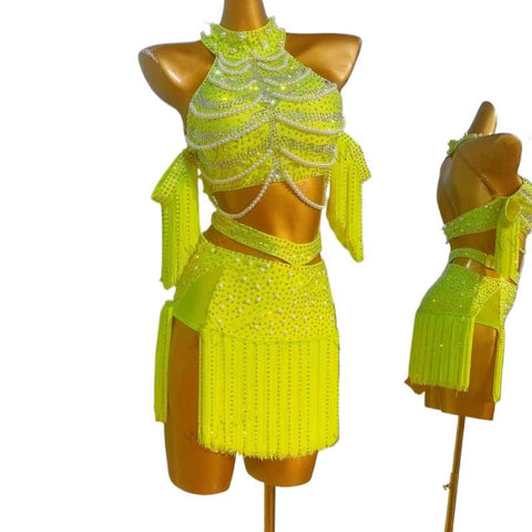 Custom Size Neon Yellow Fringe Competition Latin Dance Dresses for Women Girls Kids Salsa Rumab Chacha Party Dance Costumes