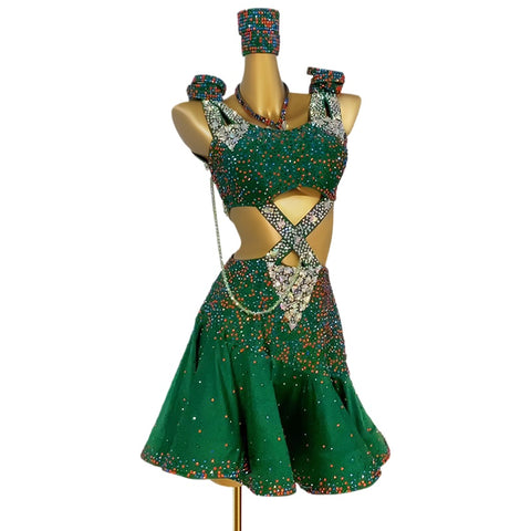 Custom Size Dark Green Rhinestones Competition Latin Dance Dresses for Women Girls Kids Children Salsa Rumba Cha Cha Jive Dance Dance Costumes Solo Dance Wear