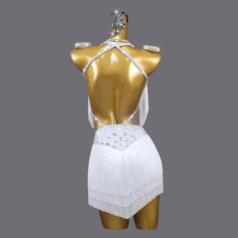 White Tassels Latin Dance Competition Dresses for Women Girls Salsa Rumba Chacha Solo Dance Flower Costume