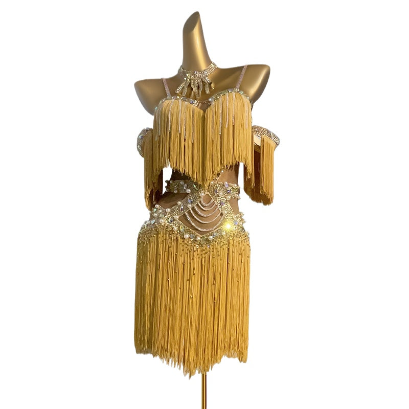 Custom Size Gold Fringe Rhinestones Latin Dance Dresses for Women Girls  Salsa Rumba Rhythm Blackpool Performance Costumes