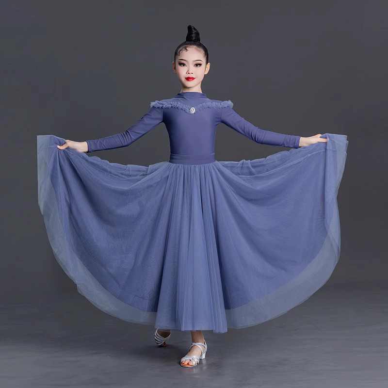 Children's Girls Blue Grey Ballroom Modern Dance Dresses for Kids Girls Long Sleeves High Neck  Waltz Tango Ballroom Dance Skirts for Kids