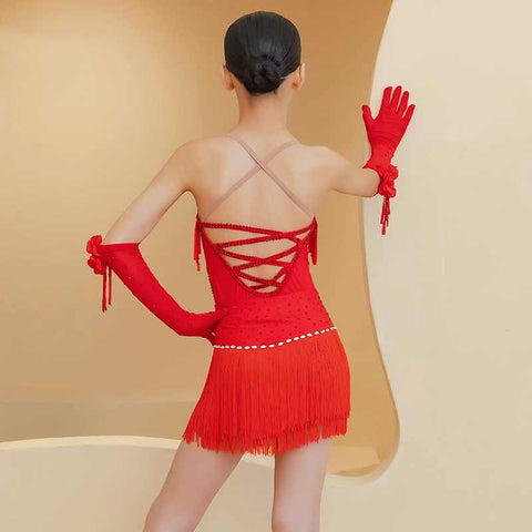 Red Black Latin Dance Dresses for Girls Children Party Salsa Rumba Chacha Modern Dance Costumes Dress Up Dress for Kids