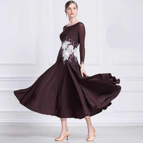 Custom Size Coffee Ballroom Dance Dresses for Women Coffee Color Competition Waltz Tango Rhythm Foxtrot Smooth Dance Long Gown