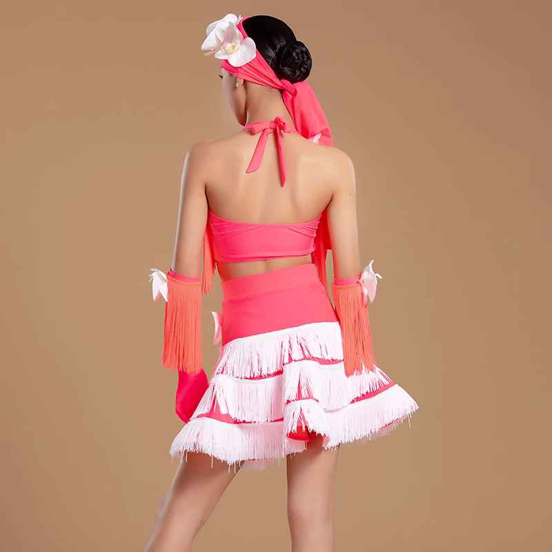 Coral Fringe Competition Latin Dance Dresses for Girls Kids Salsa Rumba Chacha Pleated Skirt Party Dress Performance Modern Dance Outfits for Kids