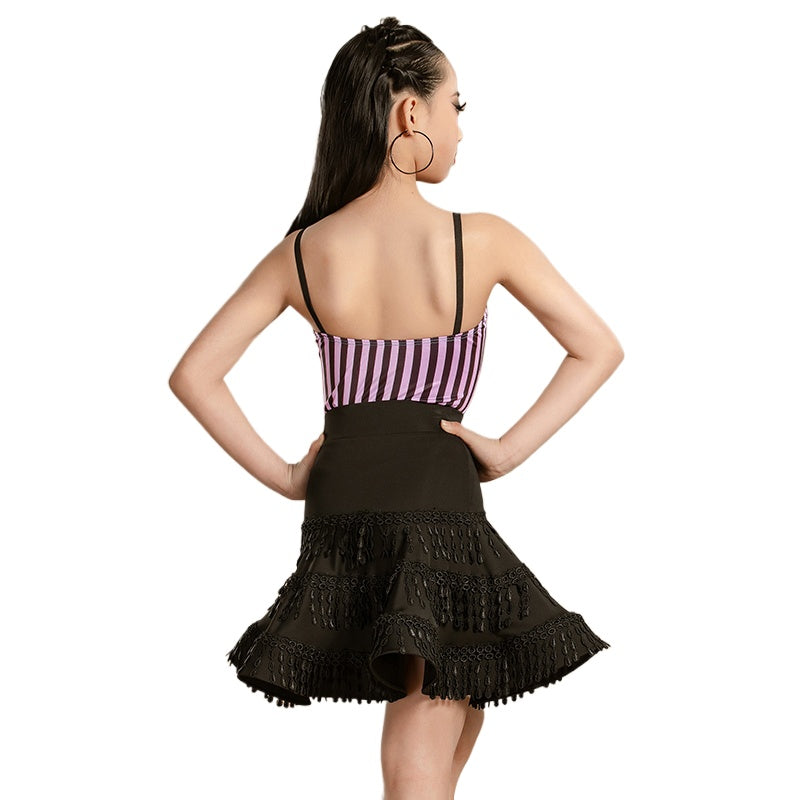 Girls Purple Striped Fringe Latin Dance Dreses for Kids Children Beads Tassels Salsa Rumba Chacha Performance Costumes