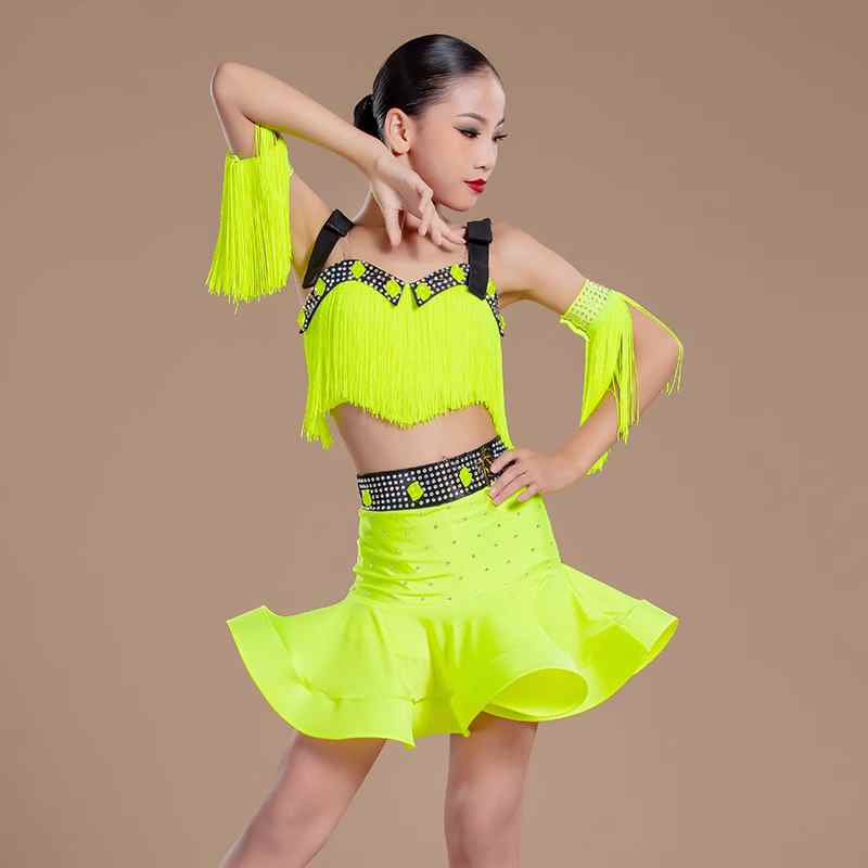 Professional Neon Yellow Pink Fringe Latin Dance Competition Dresses for Girls Kids Bling Diamond Samba Salsa Rumba Chacha Performance Costumes