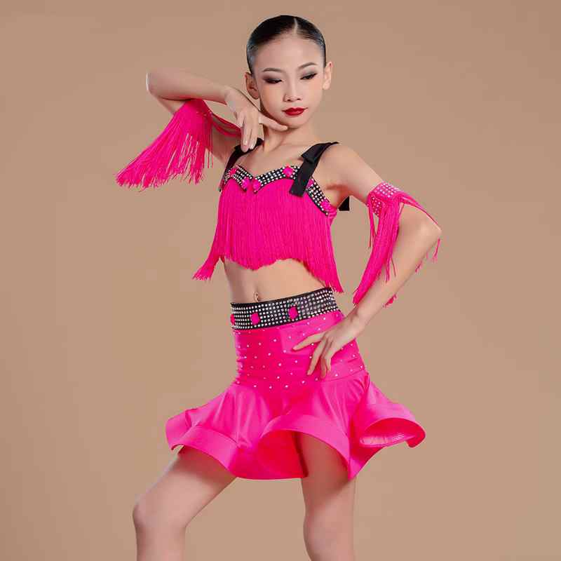 Professional Neon Yellow Pink Fringe Latin Dance Competition Dresses for Girls Kids Bling Diamond Samba Salsa Rumba Chacha Performance Costumes