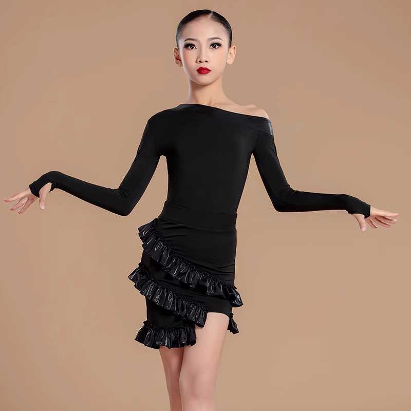 Black Slant Neck Ballroom Latin Dance Dresses for Girls Kids Salsa Rumba Chacha Long-sleeved Clothes Modern Dance Outfits for Children