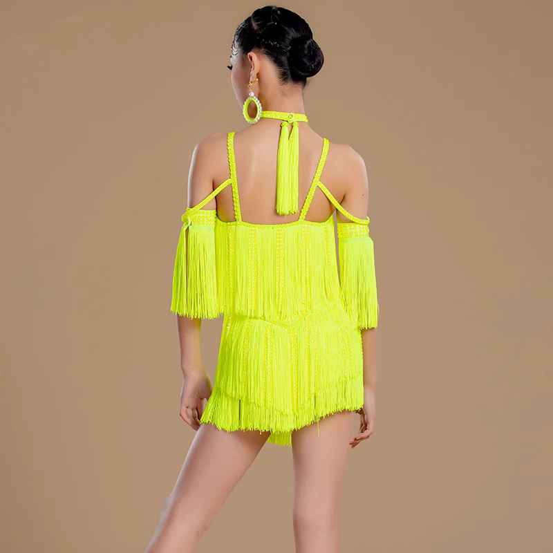 Competition Neon Yellow Latin Dance Dresses for Girls Kids Latin Salsa Rumba Chacha Performance  Fringe Sparkling Dance Costumes