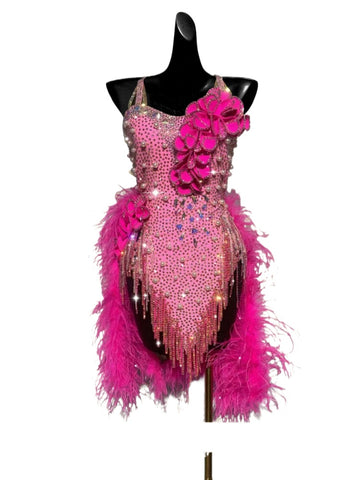 Custom Size Pink Feather Rhinestones Latin Dance Competition Dresses for Women Girls Salsa Rumba Chacha Latin Performance Clothing