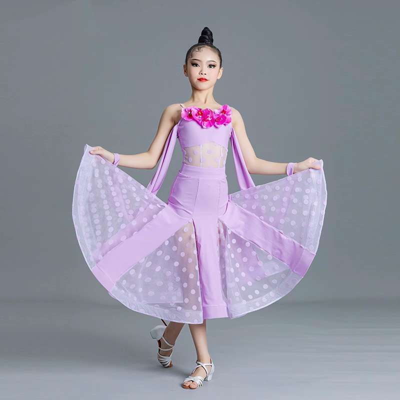 Red polka purple flowers ballroom Latin dance dresses for girls kids flowers waltz tango national professional competition gown for children