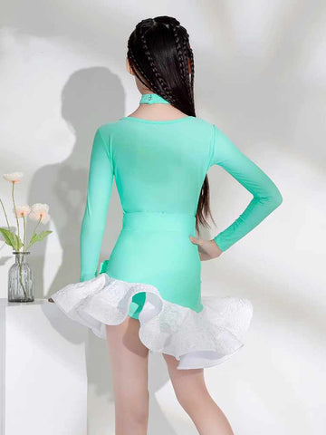 Mint Green White Latin Dance Dresses for Girls Kids Irregular Skirts Modern Salsa Latin Competition Performance Clothes