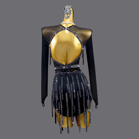 Black Fringe Bling Latin Dance Performance Dresses for Women Girls Advanced Blackpool Salsa Rumba Chacha Art Exam Grade Outfits