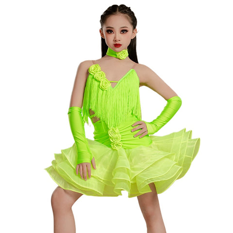 Neon Green Red Fringed Latin Dance Dresses for Girls Kids Salsa Rumba Chacha Event White Latin Performance Costumes