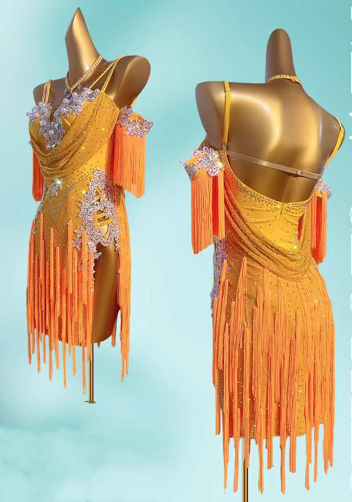 Custom size orange Latin Dance competition dresses for girls kids Adult Art Examination Blackpool salsa rumba chacha solo dance costumes