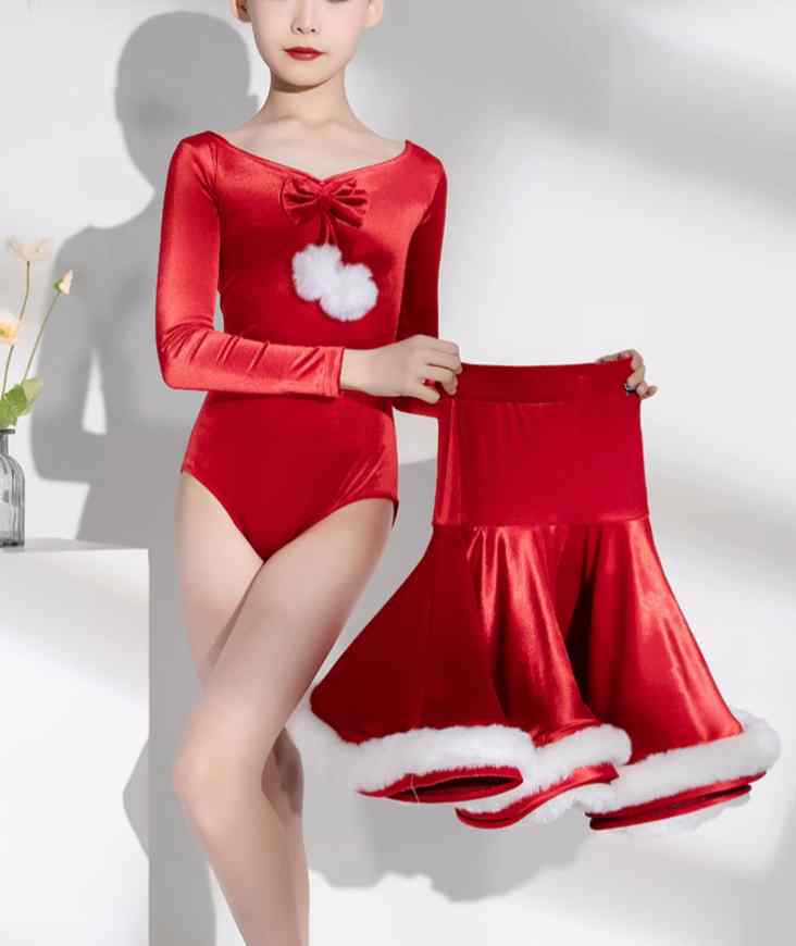 Children's Girl Red Velvet Latin Dance Competition Dresses Salsa Rumba Chacha  Modern Dance Outfits for Kids