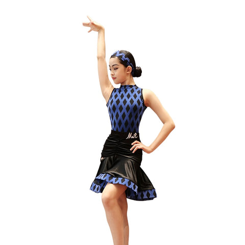 Children's Blue Hot Pink Plaid Latin Dance Dresses for Girls Kids Salsa Rumba Cha Cha Jive Latin Dance Swing Skirt