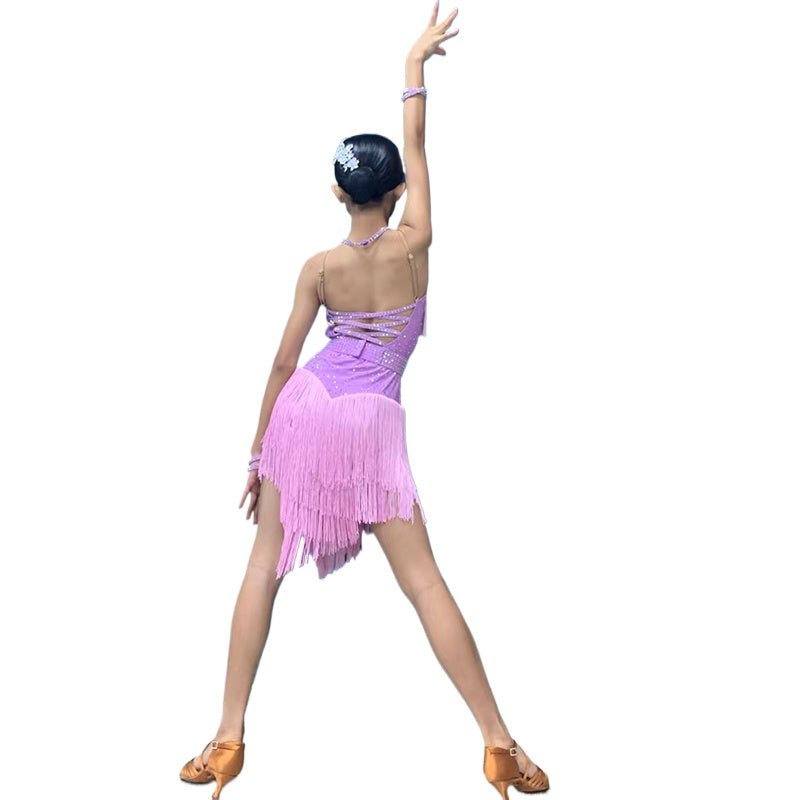 Custom Size Pink Purple Fringe Competition Latin Dance Dresses for Girls Kids Salsa Rumba Chacha Solo Dance Flower Clothing Blackpool Performance Wear