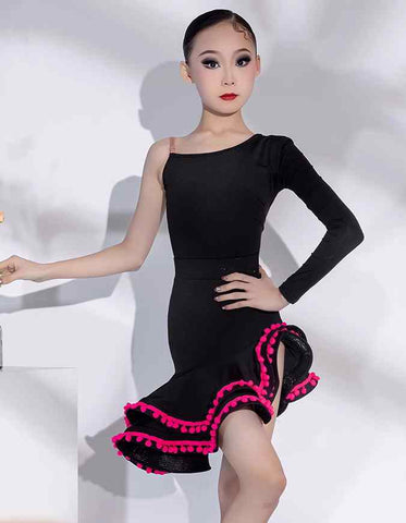 Slant Neck Black with Pink Latin Dance Dresses for Girls Kids Ballroom Salsa Chacha Latin Performance Costumes for Children