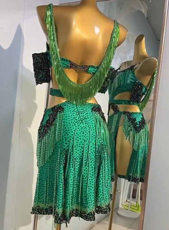 Custom Size Green Fringe Competition Latin Dance Dresses for Women Girls Salsa Rumba Chacha Samba Stones Performance Costumes