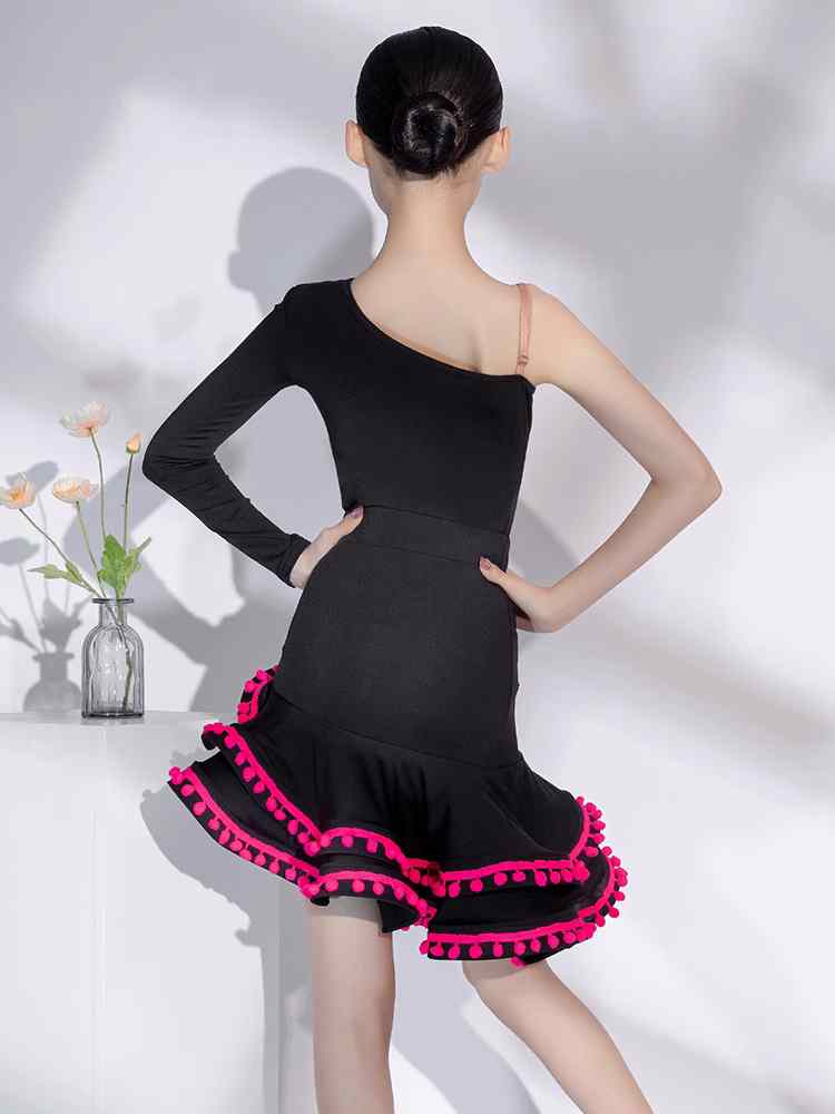 Slant Neck Black with Pink Latin Dance Dresses for Girls Kids Ballroom Salsa Chacha Latin Performance Costumes for Children