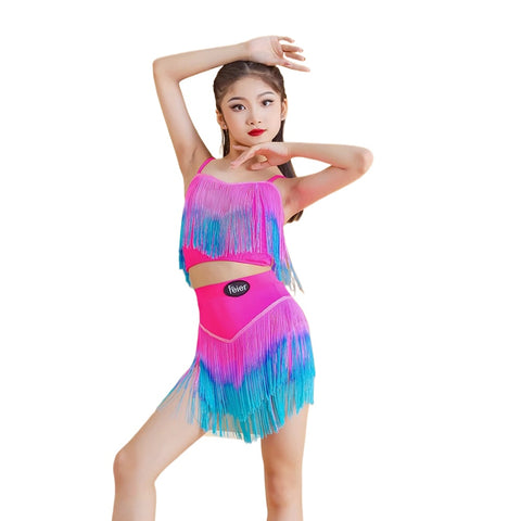 Girls Kids Colorful Gradient Fringe Pink Latin Dance Dresses for Children Salsa Rumba Cha Cha Latin Performance Costumes