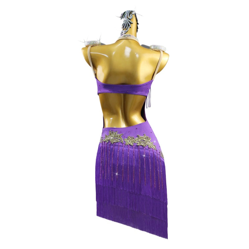 Violet Fringe Competition Latin Dance Dresses for Women Girls Salsa Rumba Chacha Latin Professional Dance Stage Performance Clothing