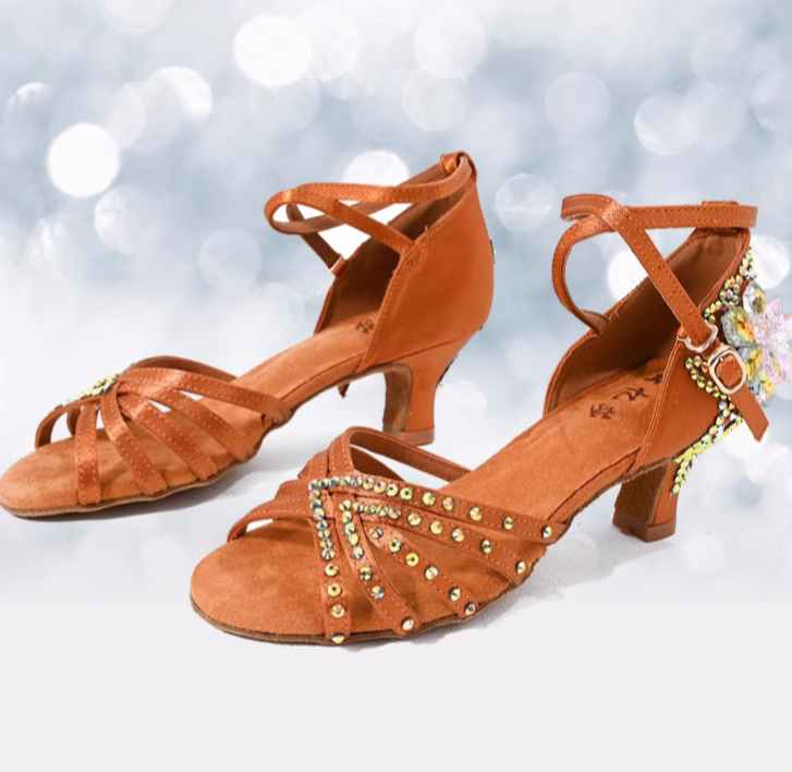 Rhinestones Flower Sparkling Latin Dance Shoes Adult Ladies Soft Sole Indoor High Heel Competition Professional Ballroom Waltz Tango Salsa Chacha  Dance Sandals