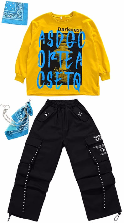 Kids Hip Hop Street Jazz Dance Costumes Boys Girls Blue Yellow Hiphop Fried Street Model Show Rapper Singers Catwalk Trendy Outfits for Children