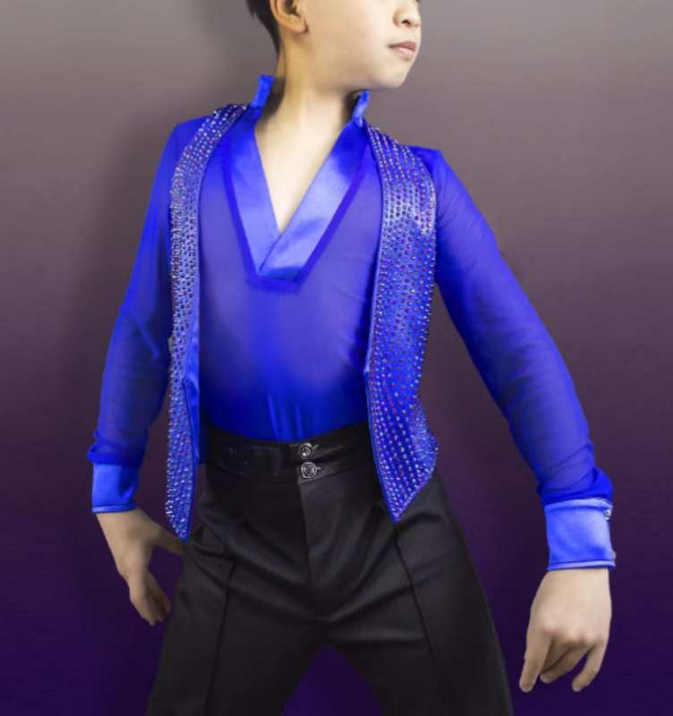 Custom Size Competition Boys Royal Blue White Rhinestones Latin Dance Shirts Kids Salsa Waltz Tango Ballroom Dancing Vest and Shirts