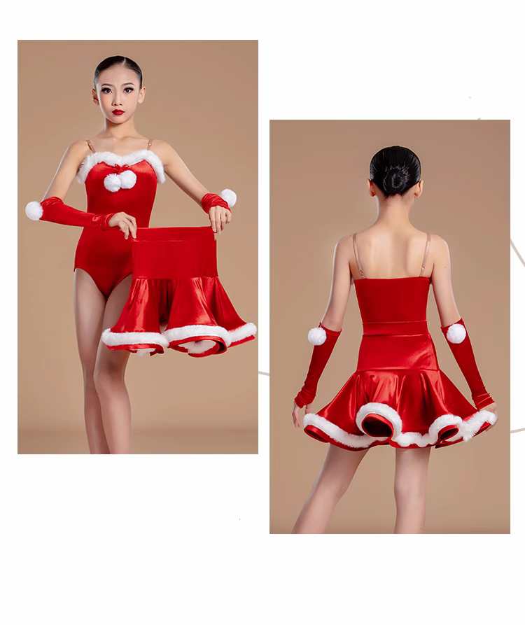 Red Velvet Christmas Style Latin Dance Dresses for Kids Children Festival  Party Performance Salsa Chacha Rumba Performance Costumes