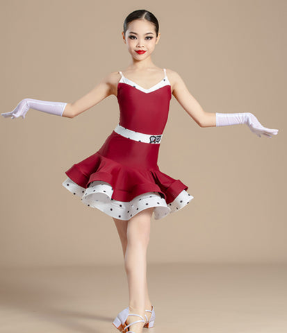 Red polka dot Latin ballroom dance dresses for kids girls national ballroom waltz tango dance costumes art test performance outfits