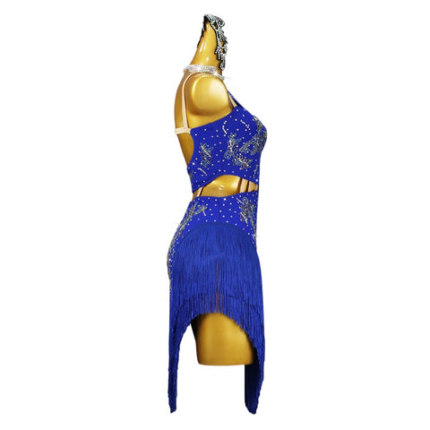 Royal Blue Fringe Latin Dance Dresses for Women Girls Slant Neck Salsa Rumba Chacha Latin Competition Performance Costume