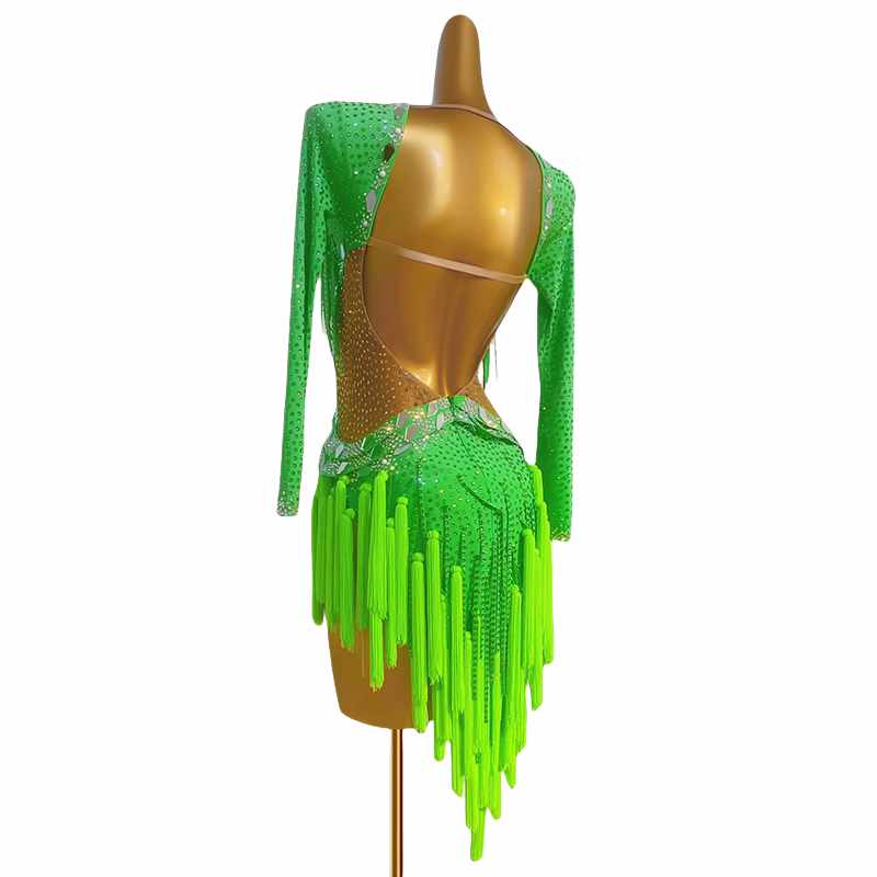 Latin Dance Dresses for Women Girls Green Fringe Sparkling Professional Competition Salsa Rumba Chacha Performance Outfits