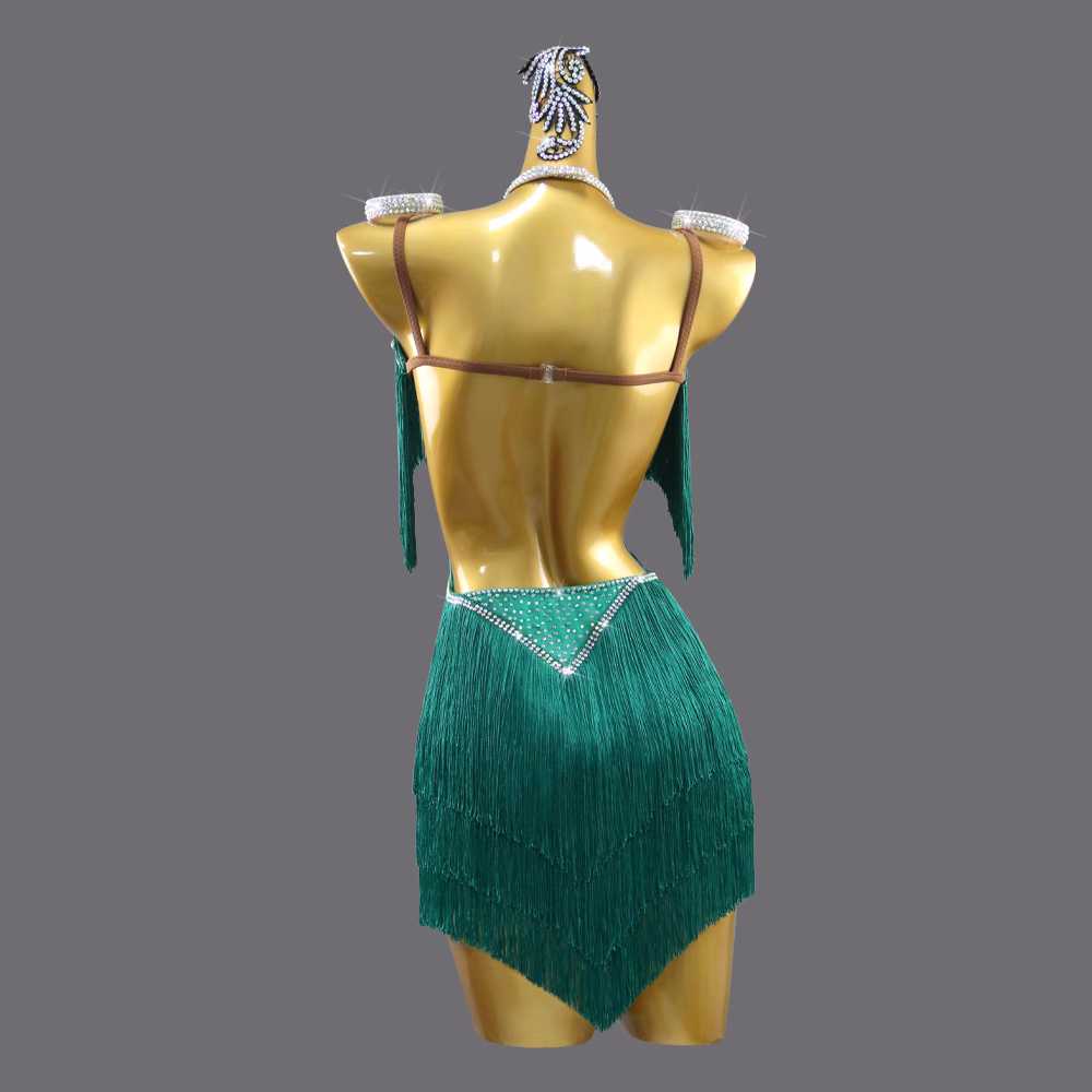 Custom size Dark Green fringe Latin Dance dresses for women girls kids Professional Salsa rumba chacha Art Examination clothing