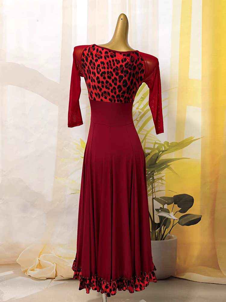 Wine Leopard Ballroom Dance Dresses for Women Girls Waltz Tango Rhthm Smooth Dance Long Swing Skirts