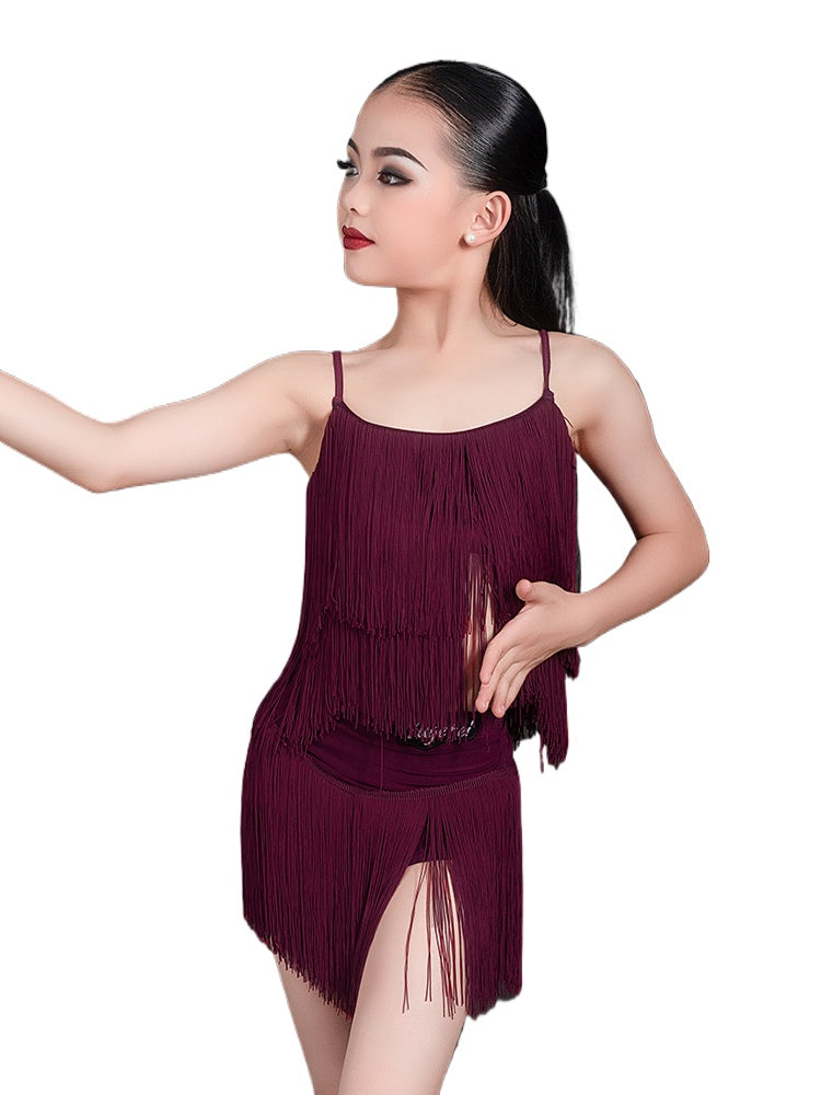 Wine White Fringe Competition Latin Dance Dresses for Girls Kids Salsa Rumba Chacha Performance Dance Outfits