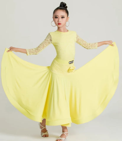 Girls Pink Yellow Lace Ballroom Dance Dresses for Kids Children Waltz Tango Rhythm Dance Costumes Long Swing Skirts