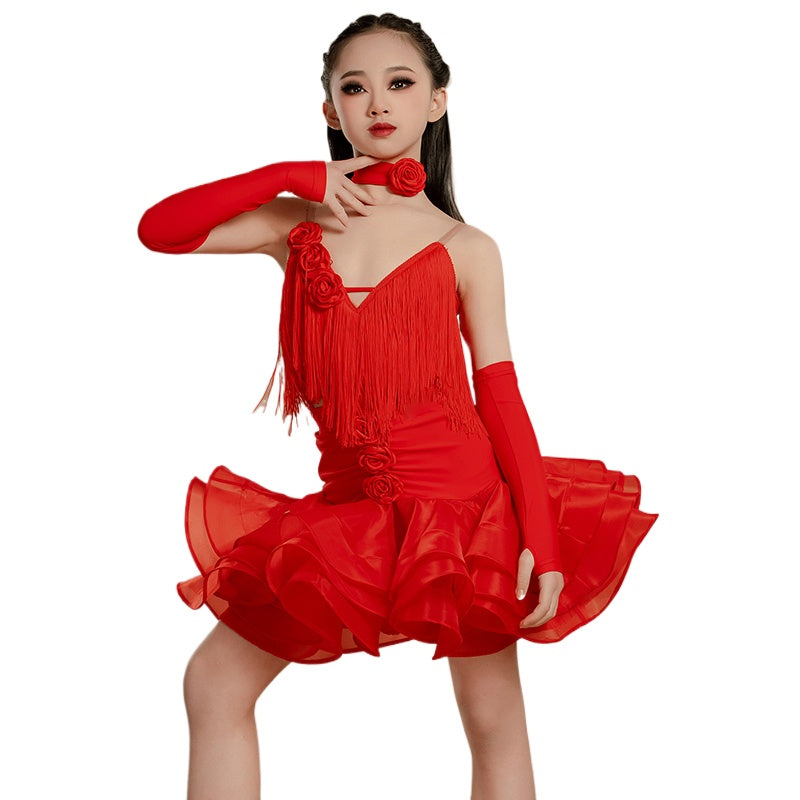 Neon Green Red Fringed Latin Dance Dresses for Girls Kids Salsa Rumba Chacha Event White Latin Performance Costumes