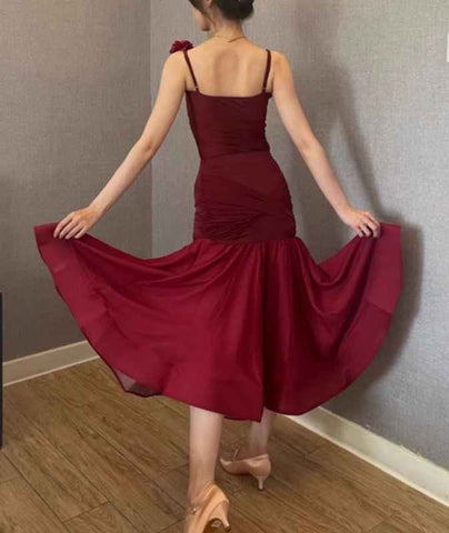 Women girls One Shoulder Slant Neck Flowers Ballroom Dance Dresses  Burgundy Black Waltz Tango Foxtrot Smooth Dance Rhythm Performance Long Skirts