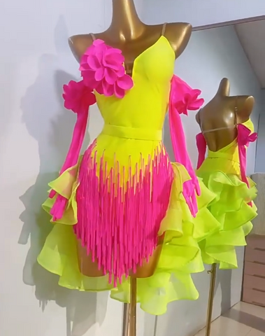 Custom Size Girls Kids Pink Yellow Competition Latin Dance Dresses Salsa Rumba Chacha Ruffles Flower Dancing Costumes Party Dance Skirt