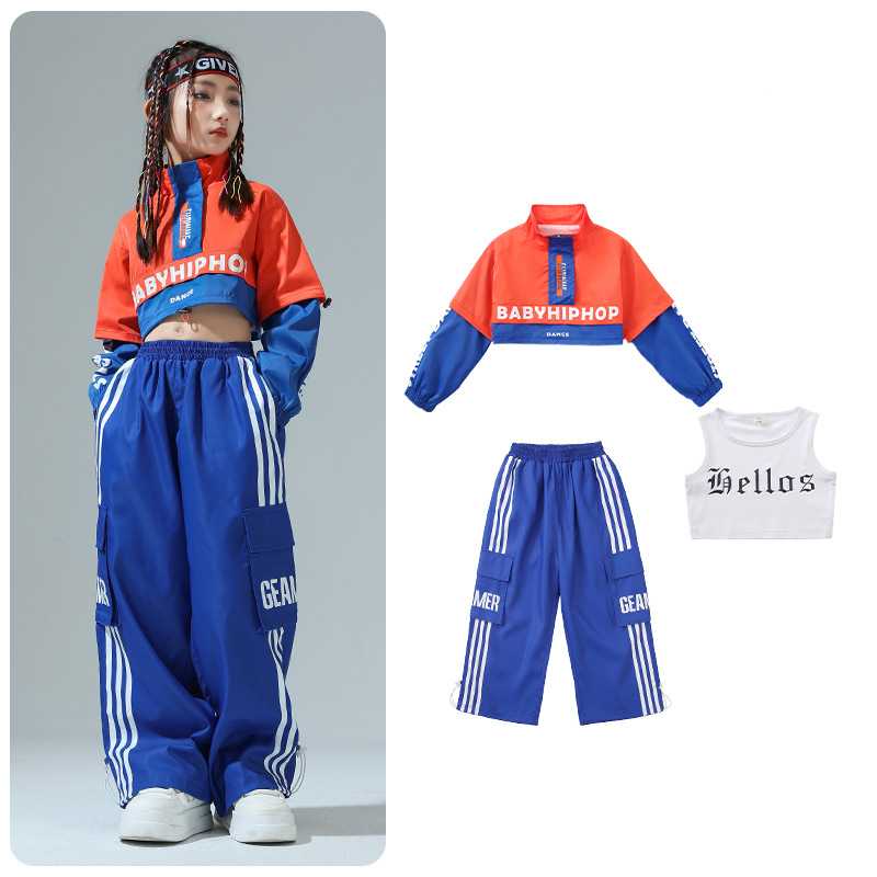 Girls Boys Hip Hop Jazz Dance Costumes Orange Blue Cheerleading Performance Class Uniforms Kids Rapper Singers Gogo Dancers Outfits