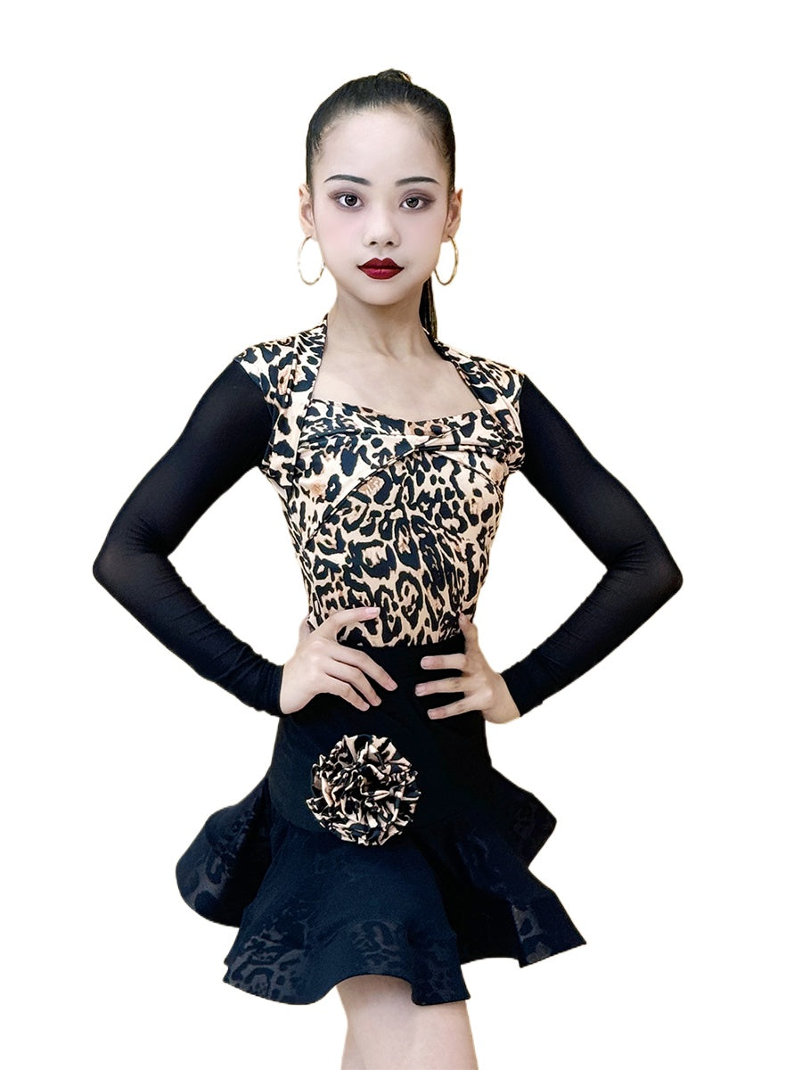 Kids Leopard Latin Dance Dresses for Girls Children Salsa Rumba Cha Cha Jive Latin Ballroom Dance Costumes