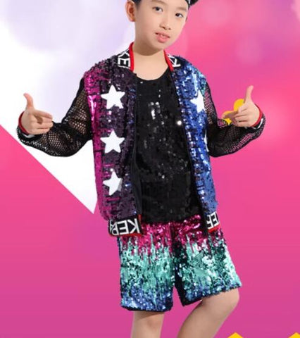 Girls' Jazz Dancing Costume Boys Kids Hip Hop Street Dance Outfits Blue Sequins Cheerleaders uniforms Catwalk Model Show Clothes for Children