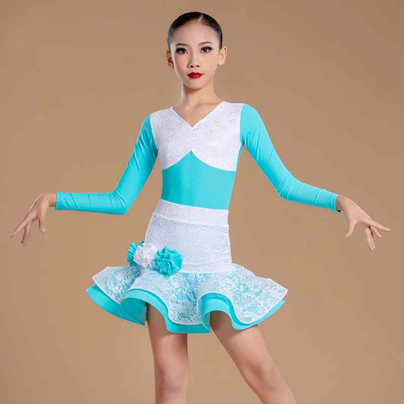 Turquoise White Lace Patchwork Latin Dance Dresses for Girls Kids Children Slasa Rumba Chacha Long Sleeve Lace Performance Outfits