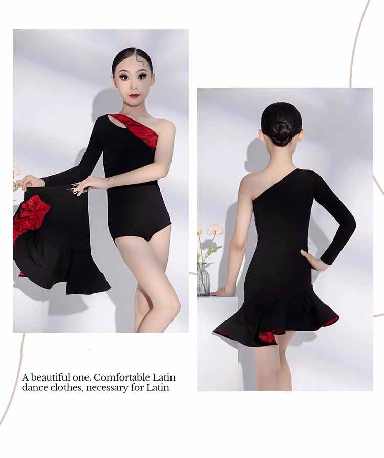 Black Red Lace One Shoulder Latin Dance Dresses for Girls Kids Slant Neck Long Sleeves Salsa Rumba Chacha Professional Clothes