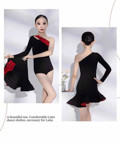 Black Red Lace One Shoulder Latin Dance Dresses for Girls Kids Slant Neck Long Sleeves Salsa Rumba Chacha Professional Clothes