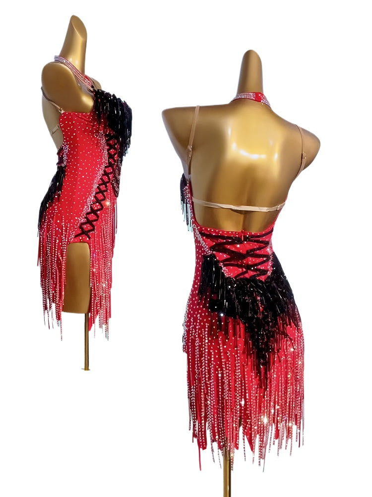 Custom Size Red Yellow Black Blue Fringe Latin Dance Competition Dresses for Womeng Girls Black Pool Salsa Rumba Cha Cha Jive Dancing Costumes