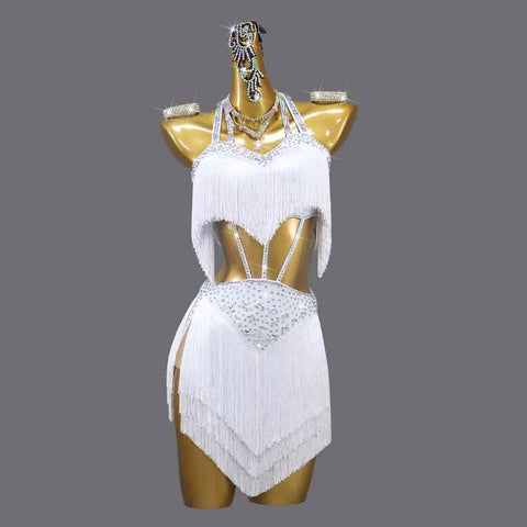 White Tassels Latin Dance Competition Dresses for Women Girls Salsa Rumba Chacha Solo Dance Flower Costume