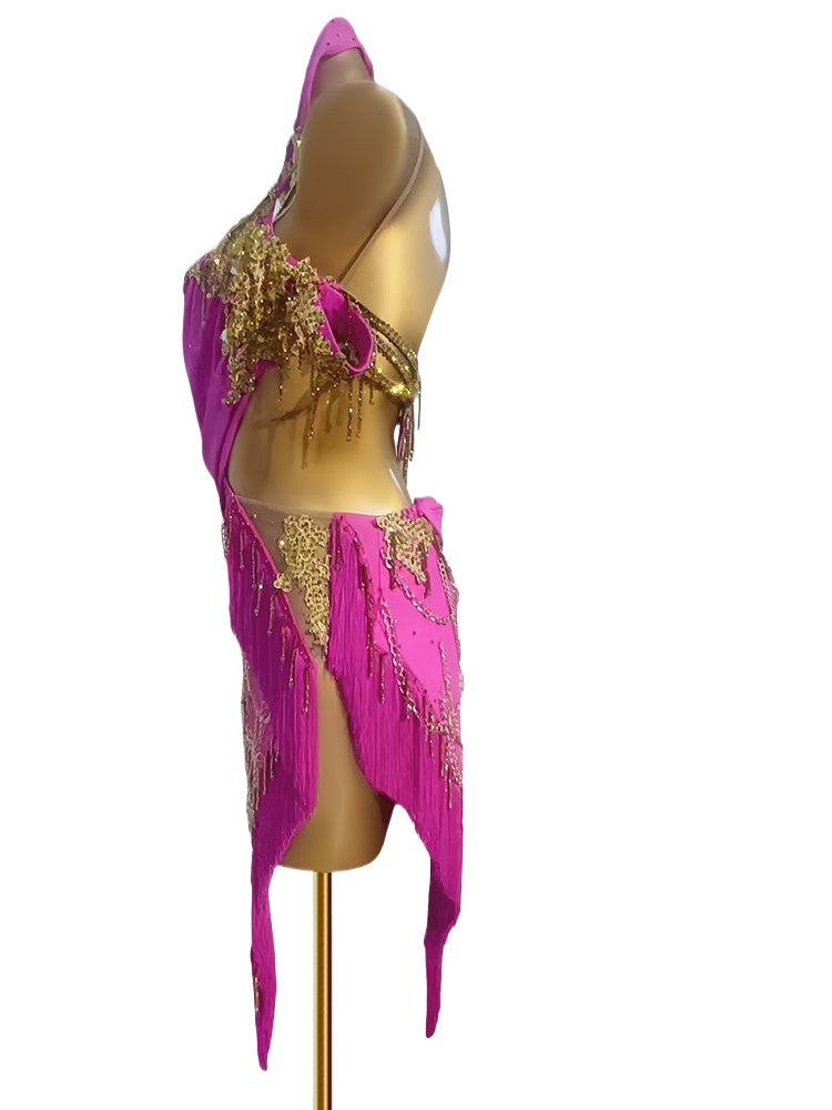 Custom Size Gold with Green Pink Fringe Competition Latin Dance Dresses for Women Girls Kids Latin Salsa Rumba Blackpool Latin Solo Dance Costumes